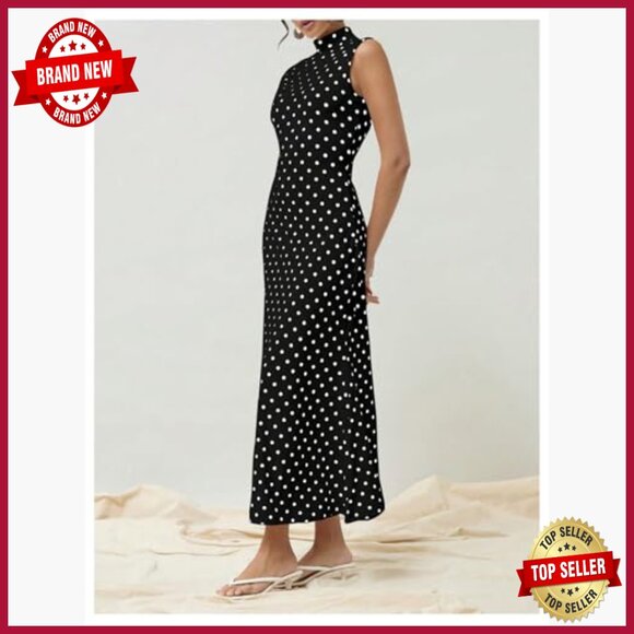 Maxi Tank Dress Polka Dots Mock Neck Sleeveless Bodycon Mermaid Fishtail - Picture 3 of 7